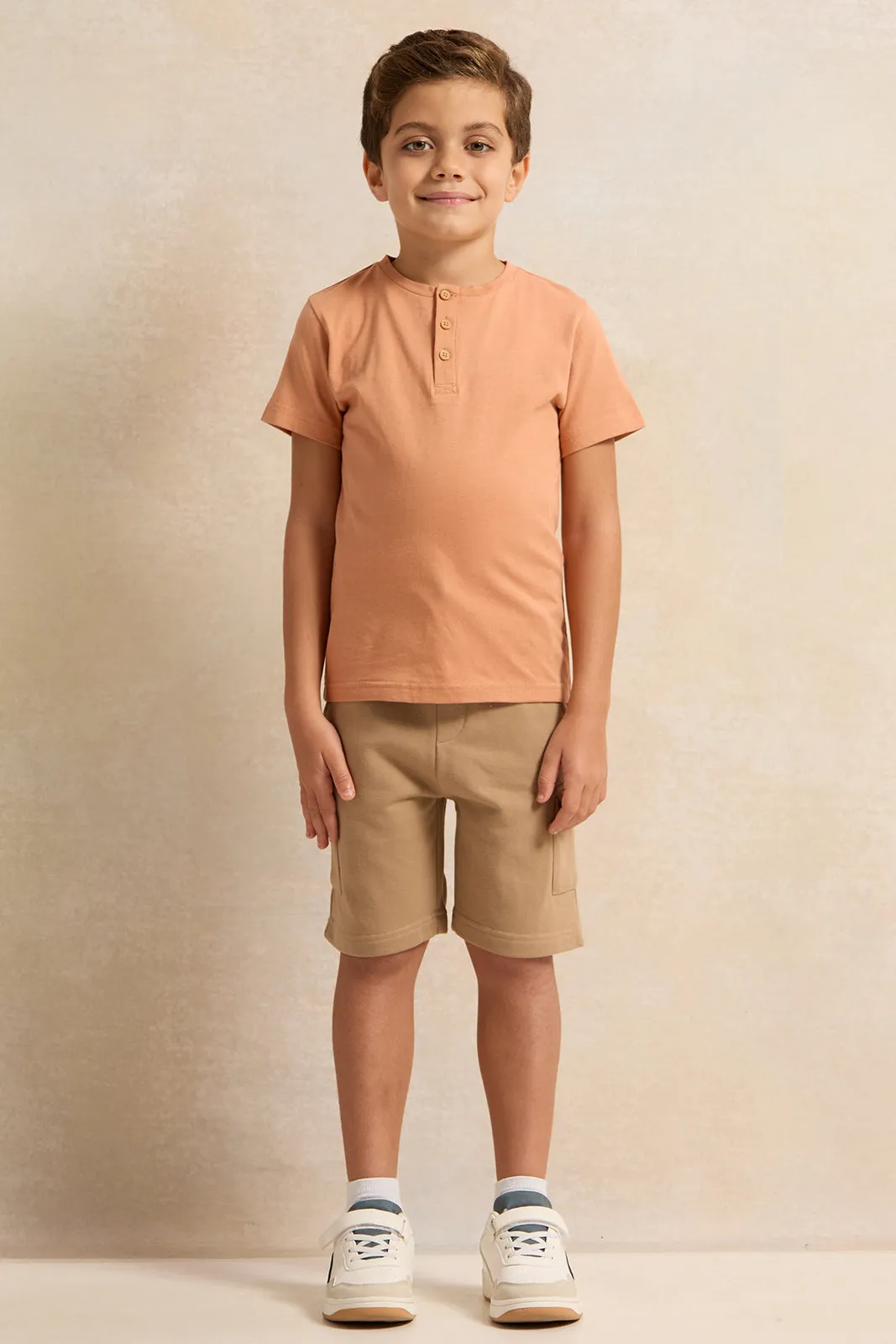 Boys Beige Solid Short Sleeve Henley T-Shirt