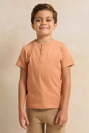 Boys Beige Solid Short Sleeve Henley T-Shirt