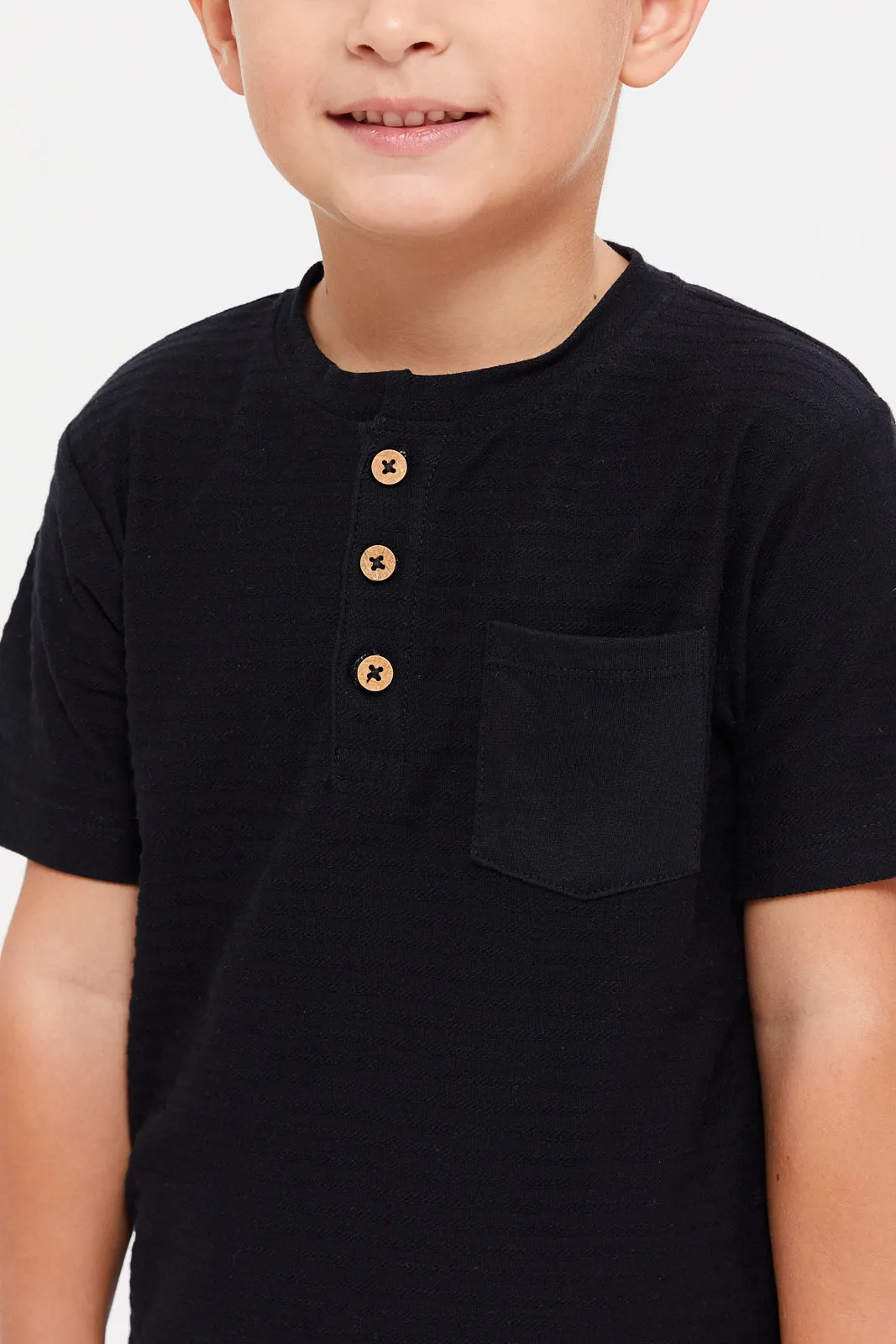 Boys Black Henley Jacquard T-Shirt