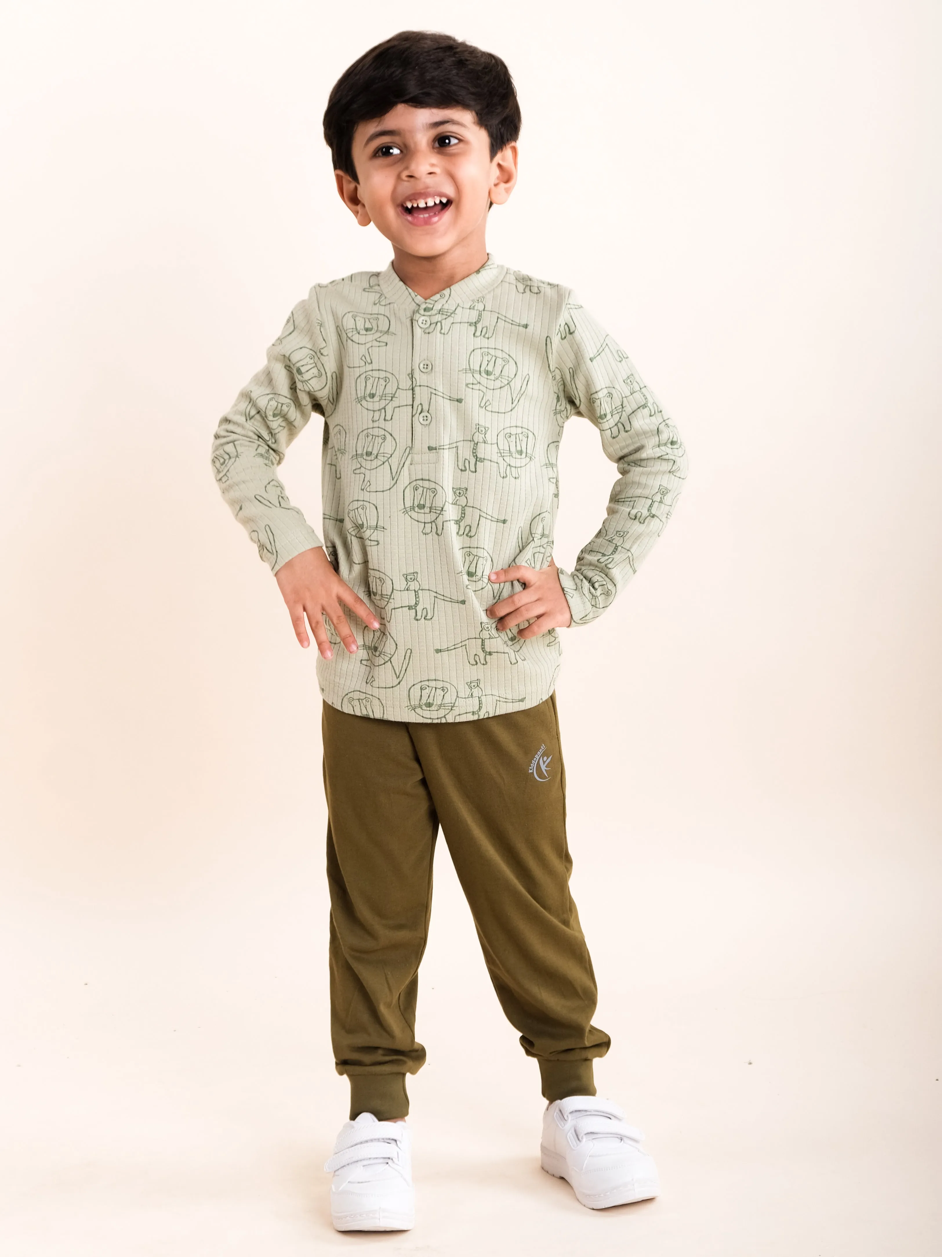 Boys "Lion" AOP Print Henley Neck Tee & Solid Track Pant Set