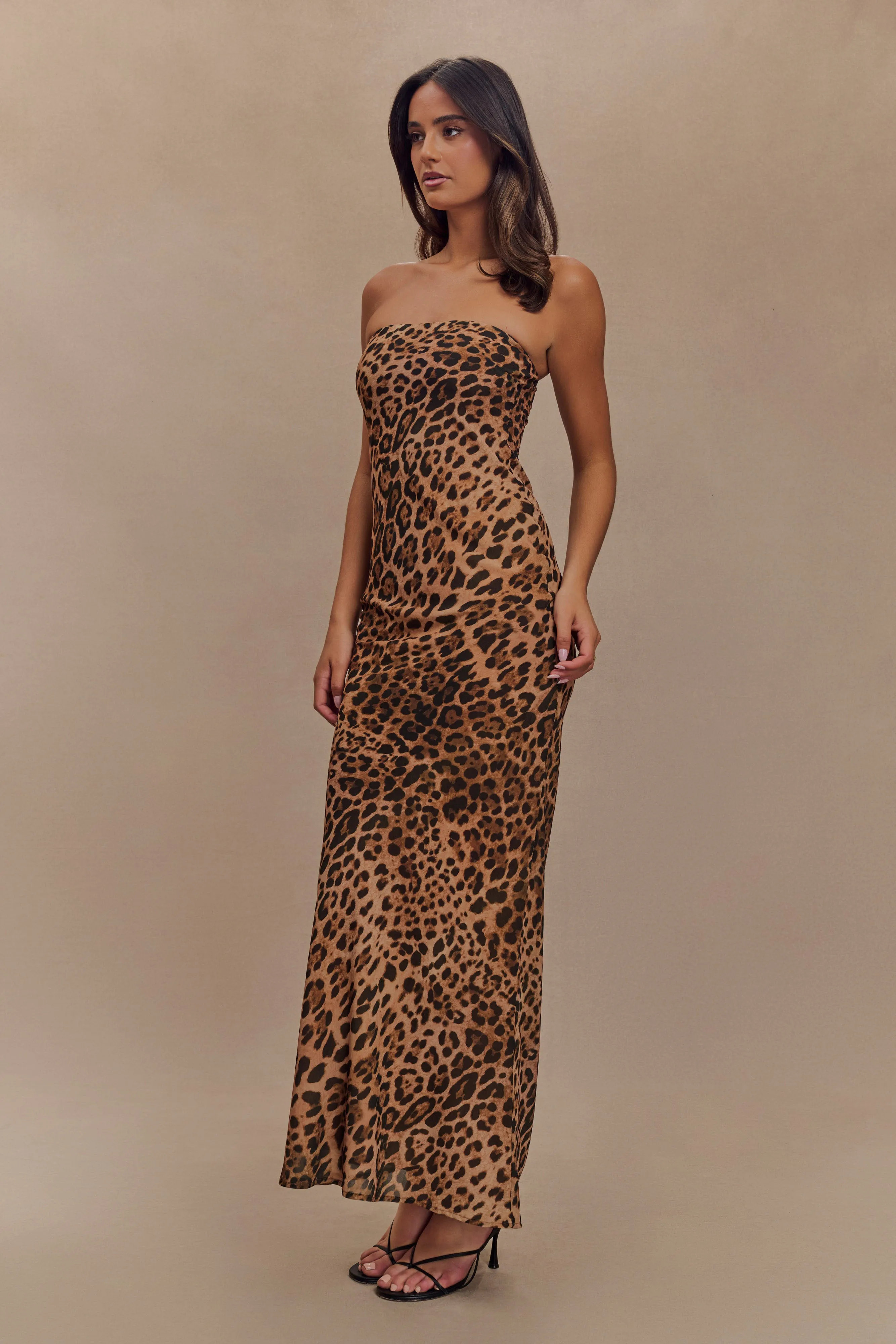 Breanna Strapless Chiffon Maxi Dress - Leopard Print