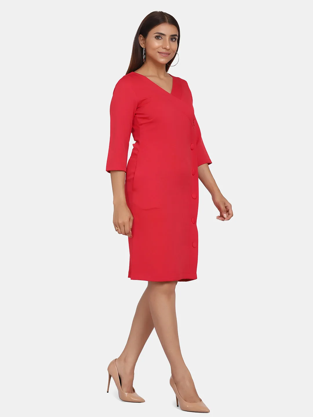 Business Formal V-Neck Sheath Dress - Red