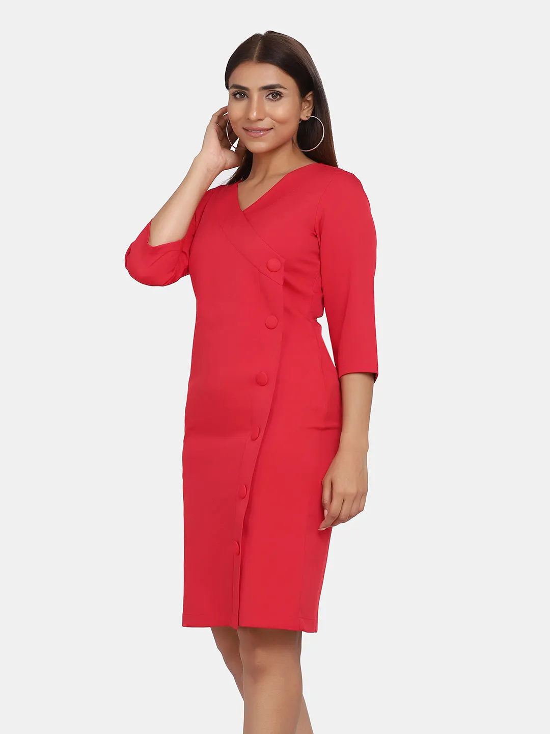 Business Formal V-Neck Sheath Dress - Red