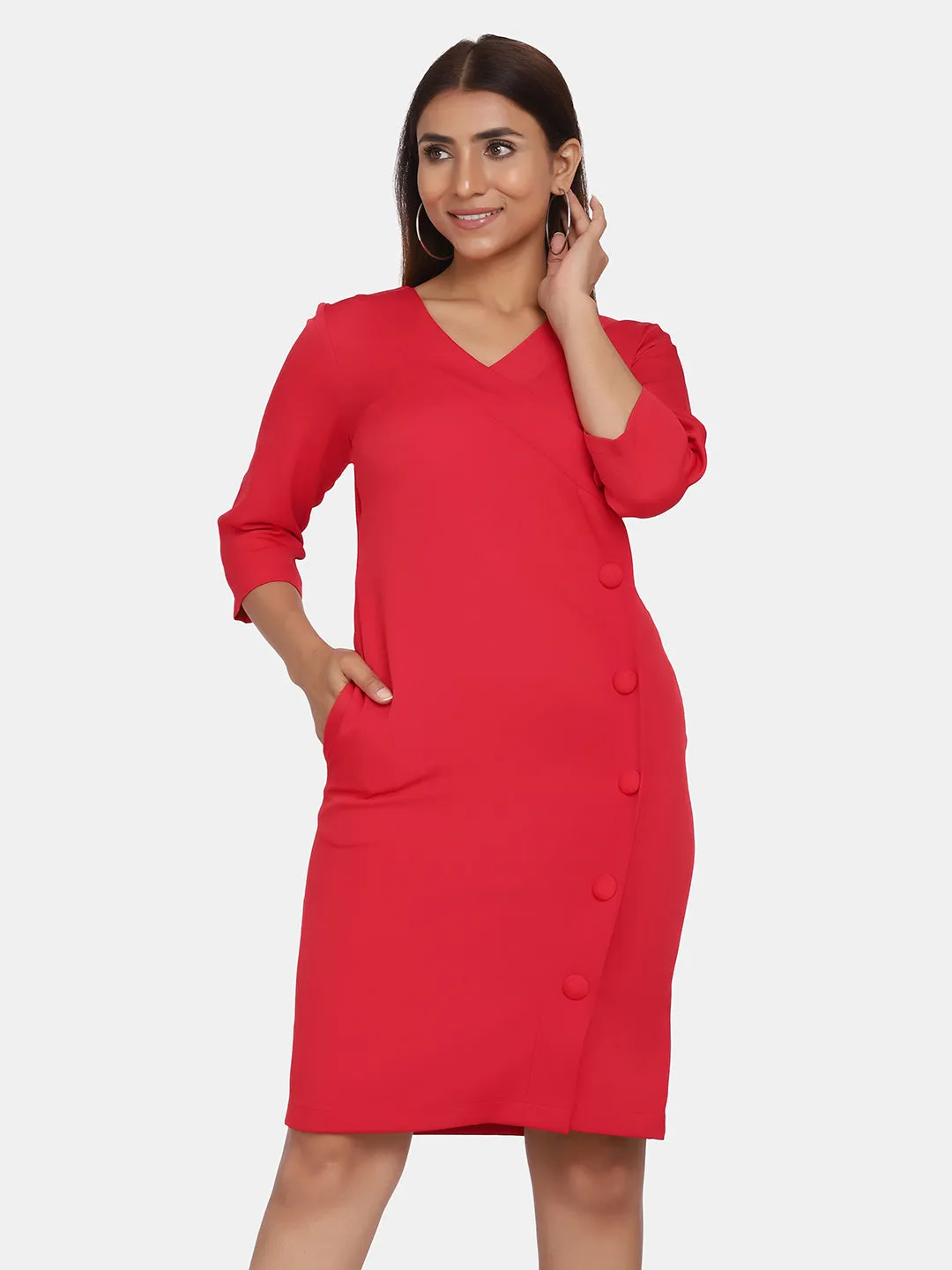 Business Formal V-Neck Sheath Dress - Red