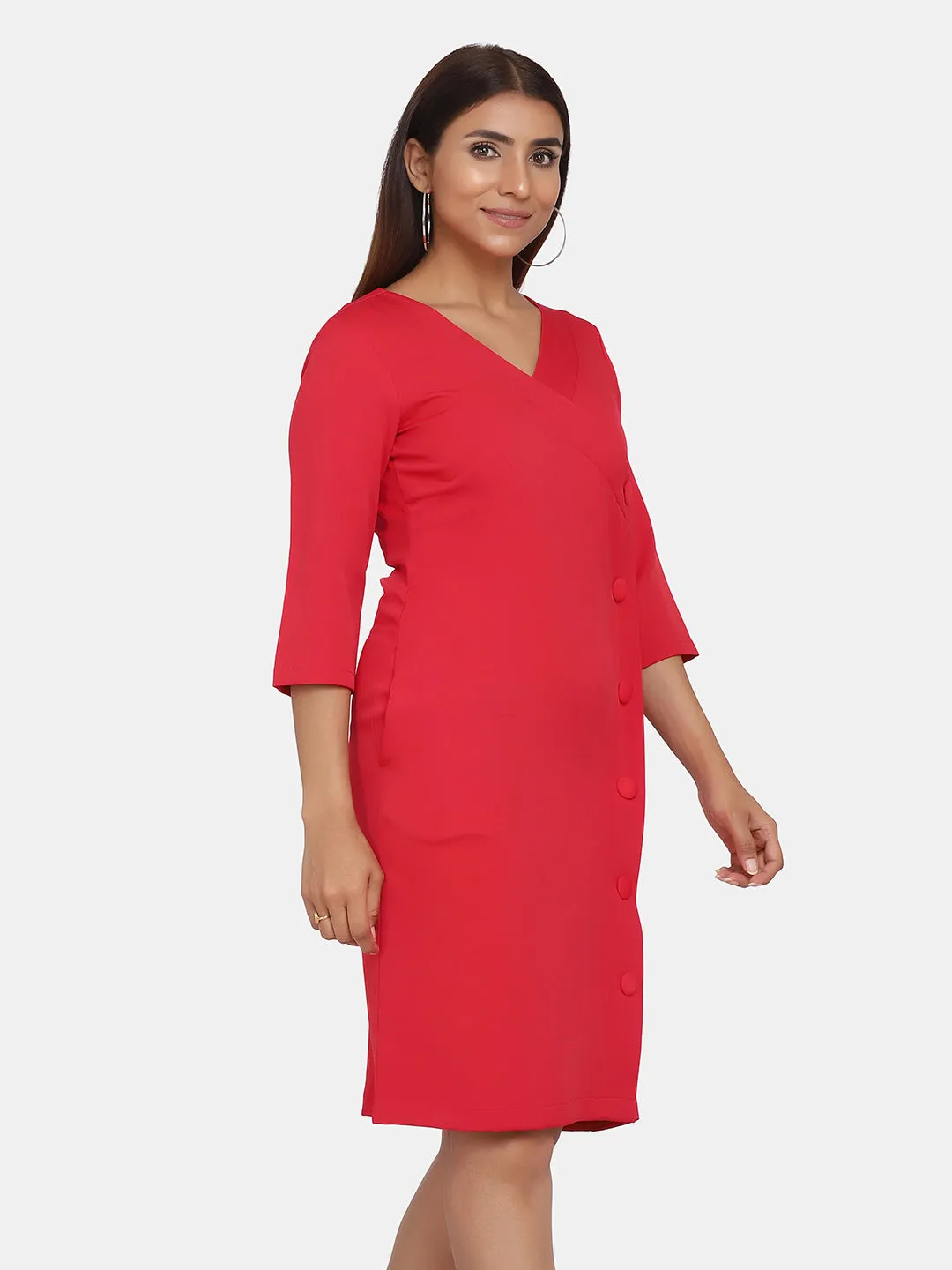 Business Formal V-Neck Sheath Dress - Red