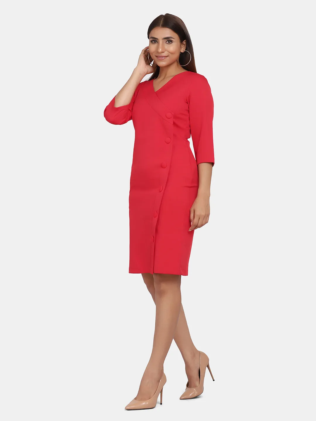 Business Formal V-Neck Sheath Dress - Red