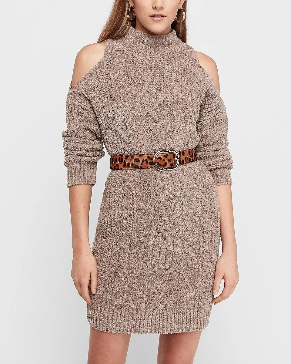 Chenille Cable Knit Cold Shoulder Shift Dress in Wren Gray