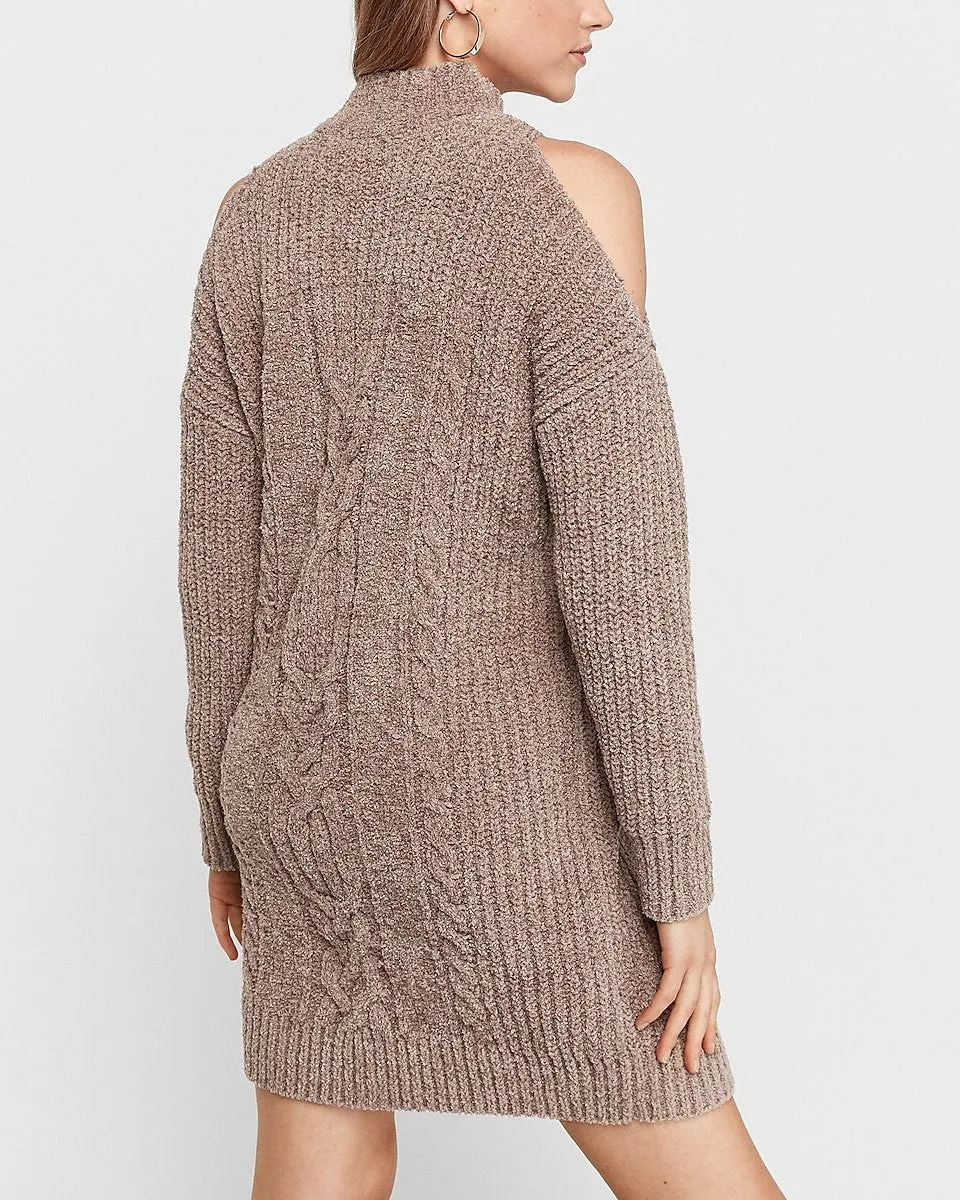 Chenille Cable Knit Cold Shoulder Shift Dress in Wren Gray