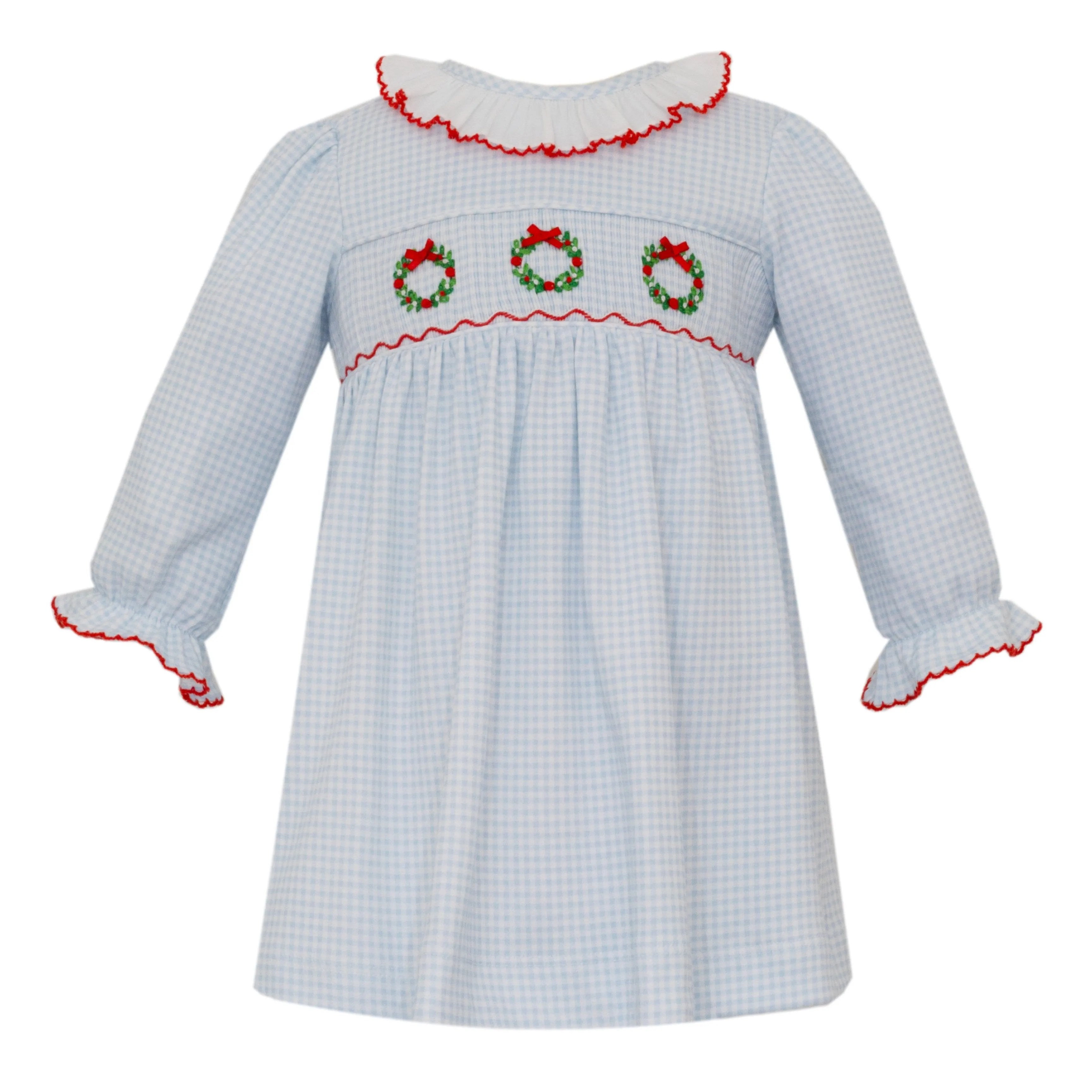 Christmas Wreath Knit Dress- Blue Gingham