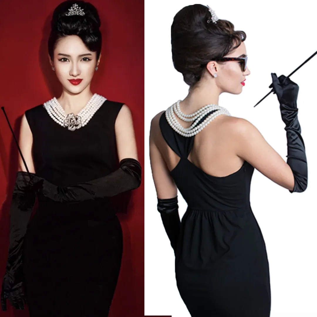 Classic Hollywood Holly Golightly Halloween Costume Set for Women 5 Tiere Faux Pearl Necklace, Faux Silver Earrings, White Satin Opera Gloves and Long Functional Extendable Cigarette Holder