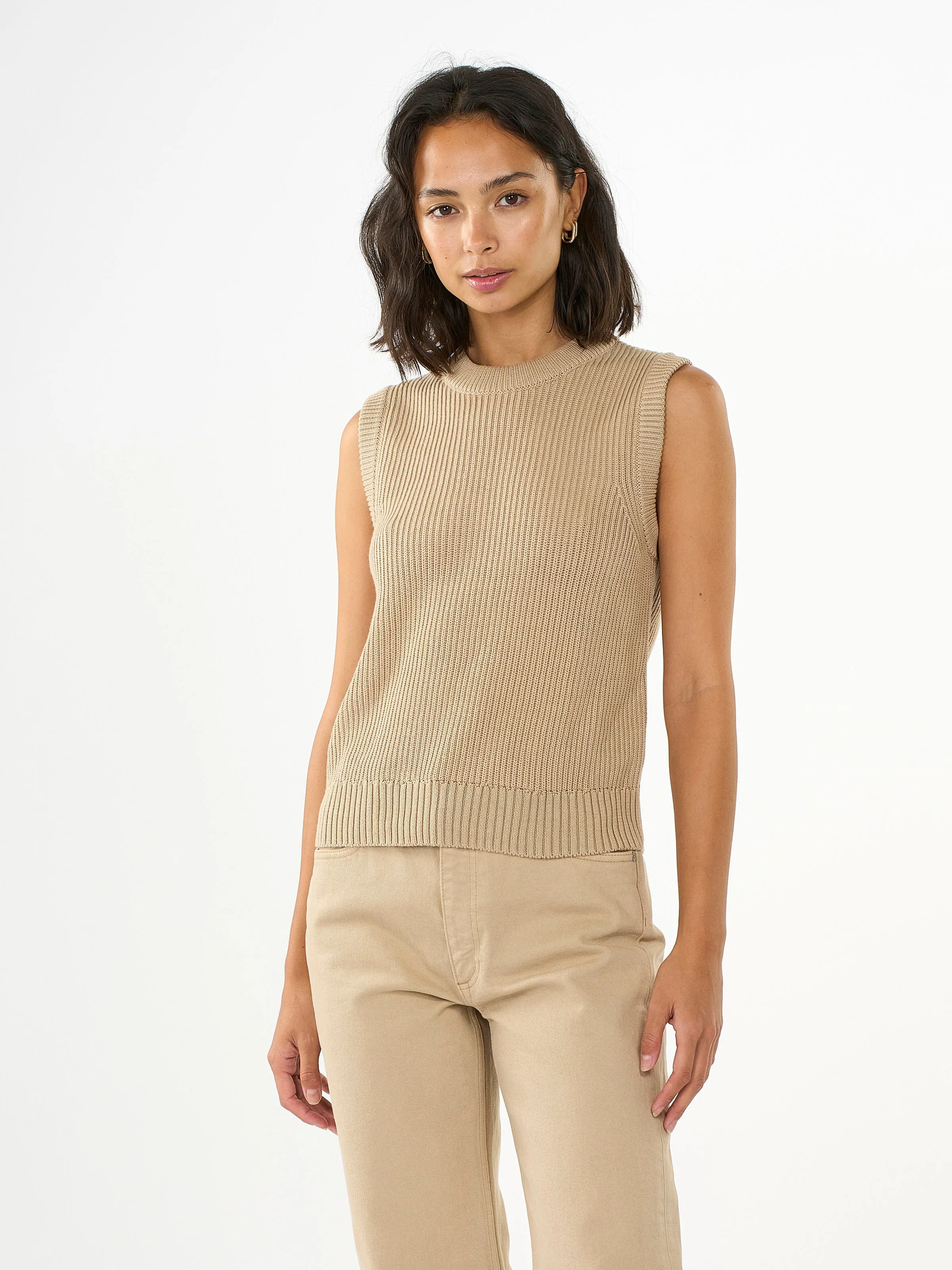 Crew neck cotton mix vest - Safari