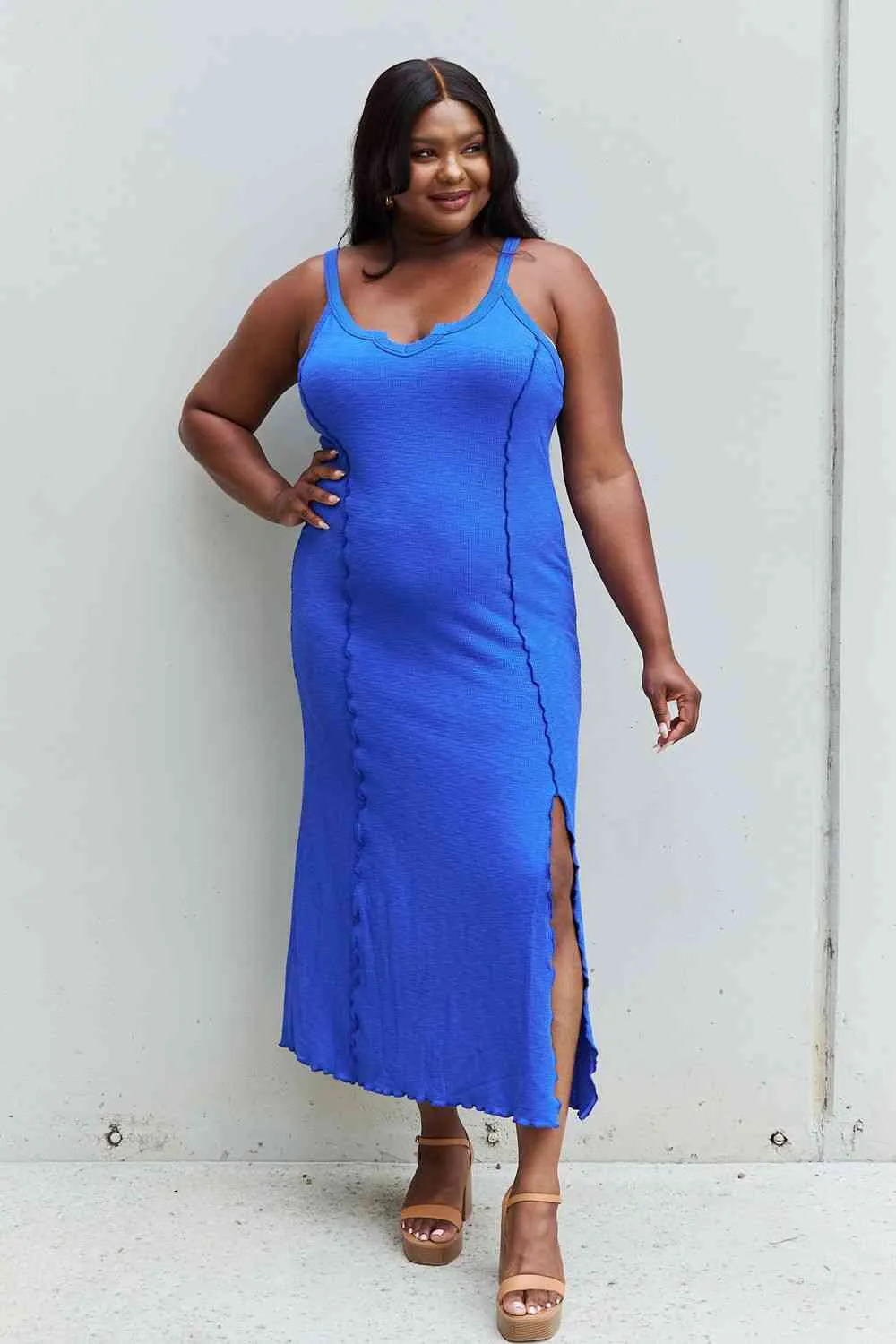 Culture Code Look At Me Full Size Notch Neck Maxi Dress with Slit in Cobalt Blue (BWMT) T