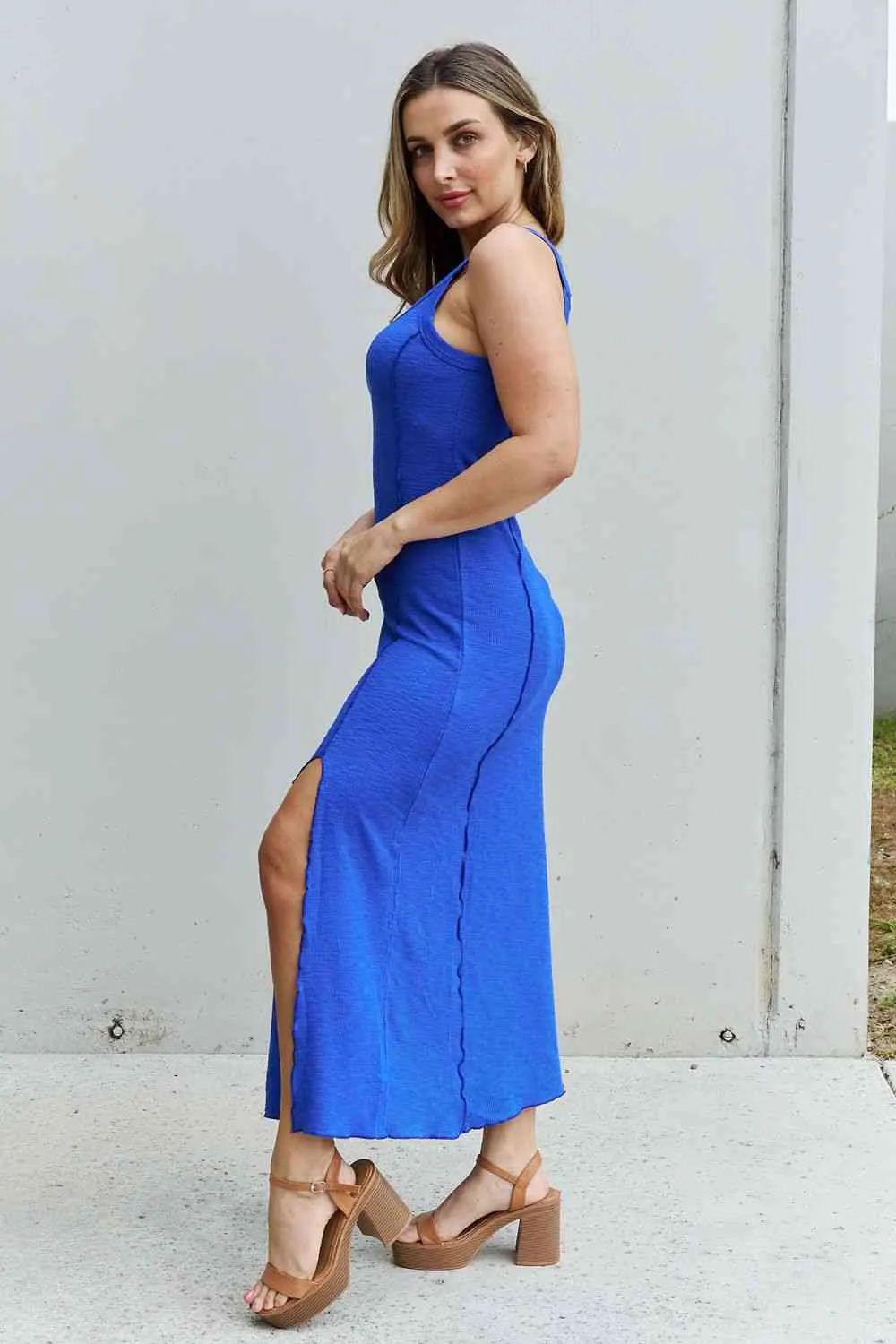 Culture Code Look At Me Full Size Notch Neck Maxi Dress with Slit in Cobalt Blue (BWMT) T