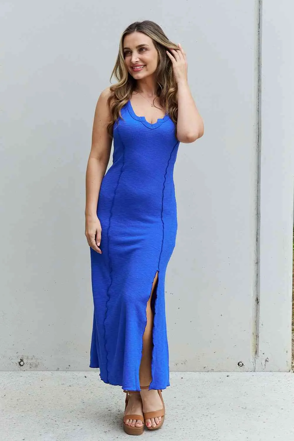 Culture Code Look At Me Full Size Notch Neck Maxi Dress with Slit in Cobalt Blue (BWMT) T