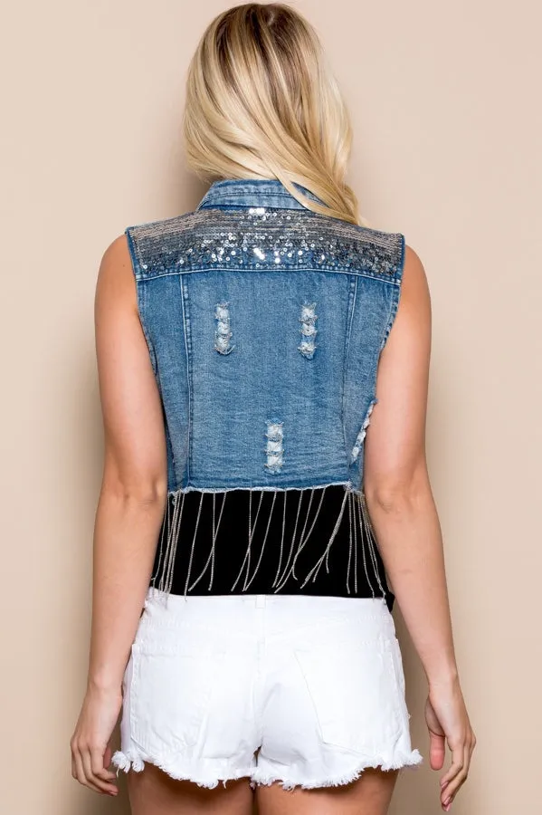 Denim Fringe Vest (Large)