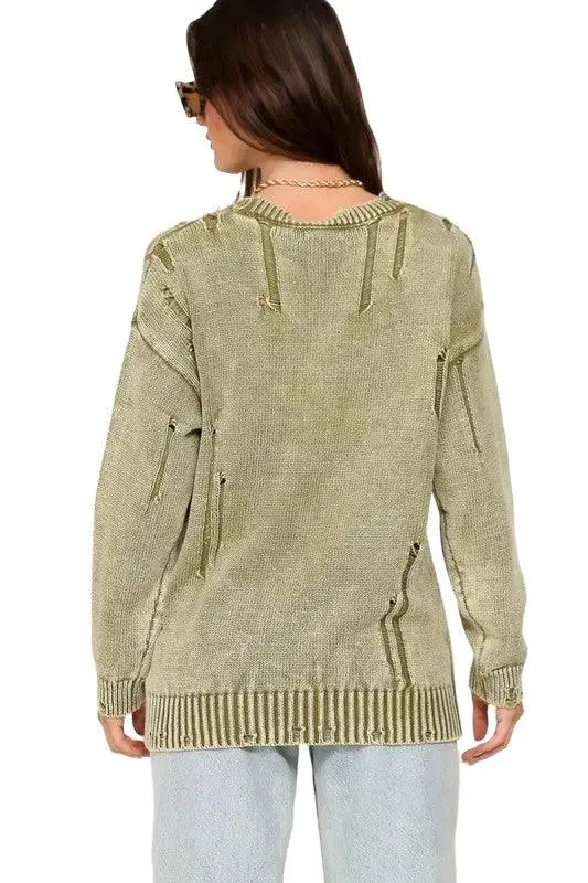 Distressed mineral wash cotton sweater