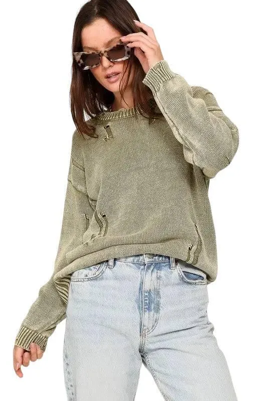 Distressed mineral wash cotton sweater