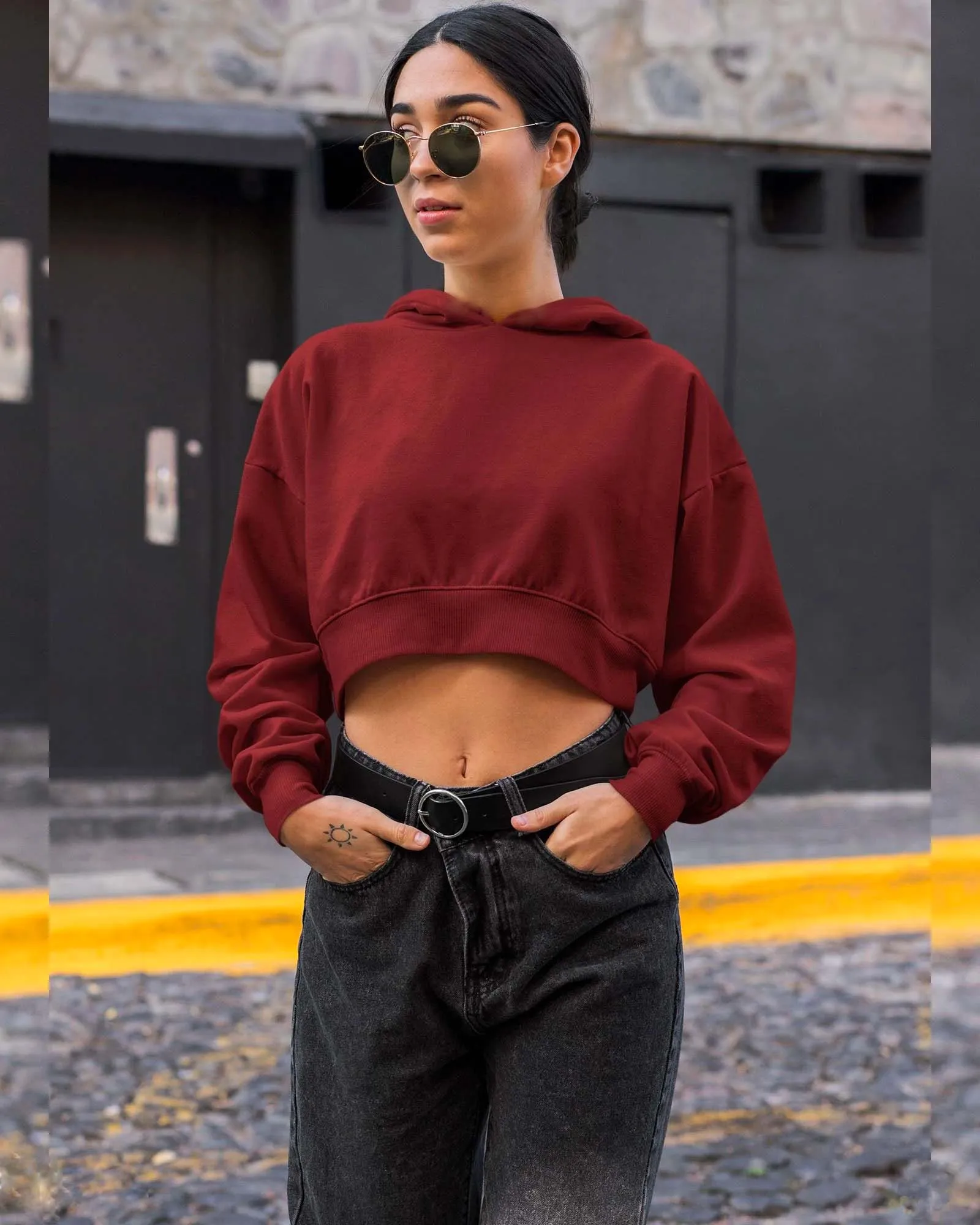 Drop Shoulder Crop Hoodie: Crimson