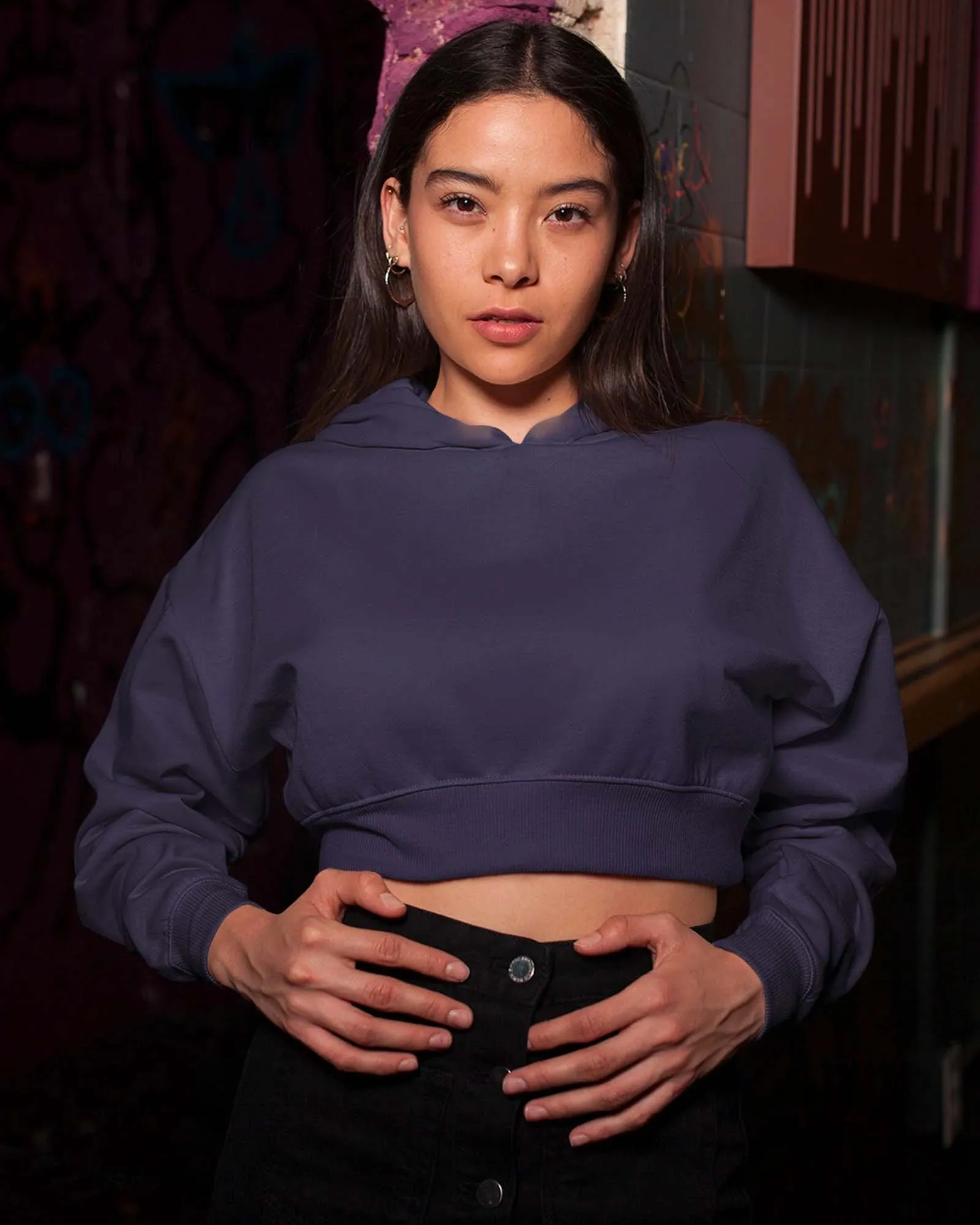 Drop Shoulder Crop Hoodie: Midnight Navy