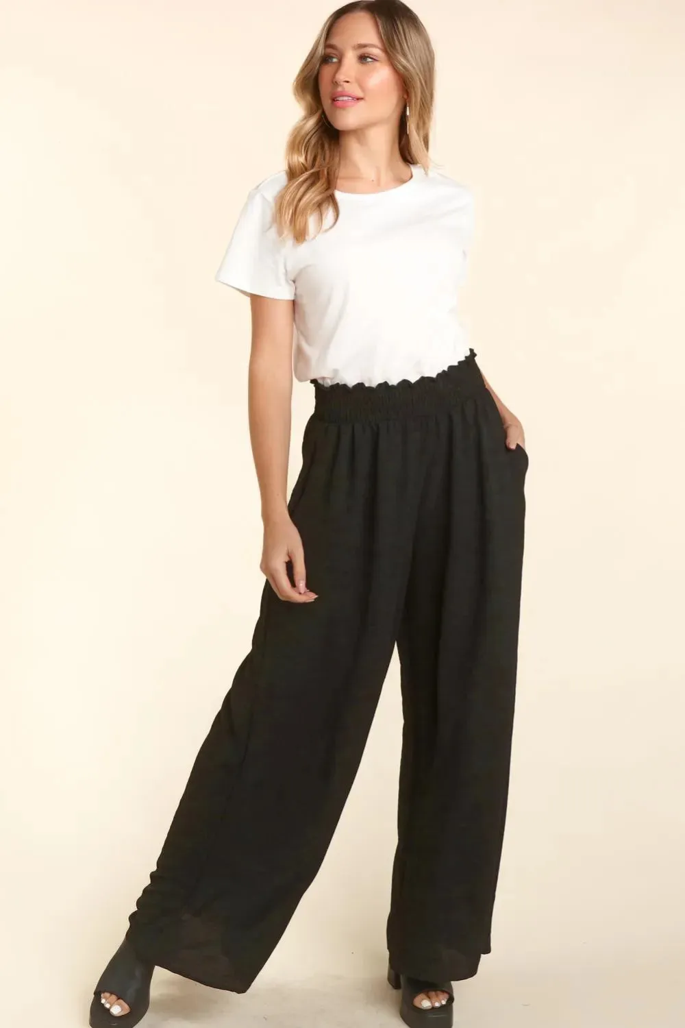 Elastic Waist Wide Leg Pants with Pockets