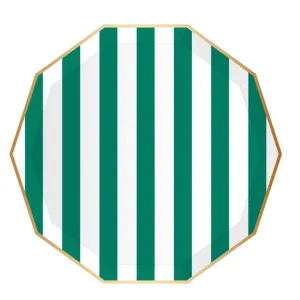 Emerald Green Striped Paper Plates | Gold Trim | 10.75 Inch | Package 8