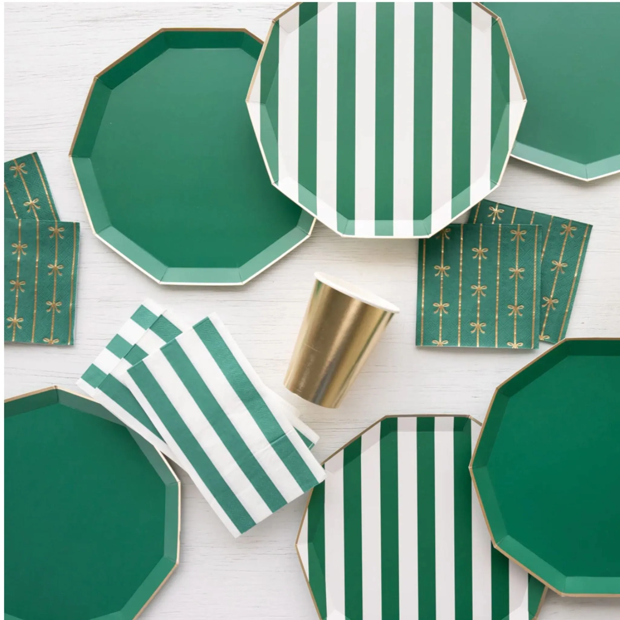 Emerald Green Striped Paper Plates | Gold Trim | 10.75 Inch | Package 8