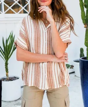 Every Moment Striped Button Down Shirt in Orange