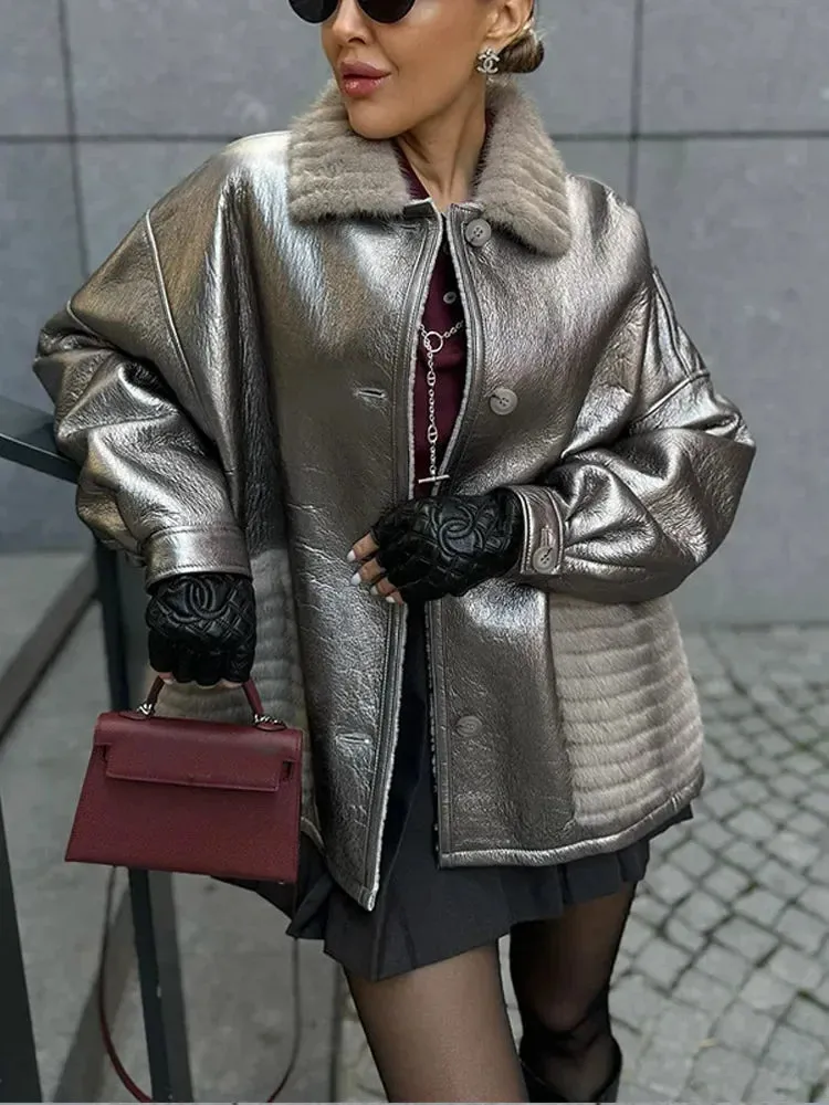 Fashionkova Christmas Gift Outfit Fashion Silver Fur Flip Collar Full Sleeve Woman Warm Coat Elegant Solid Color Single Breasted Short Jacket New Fall Streetwear