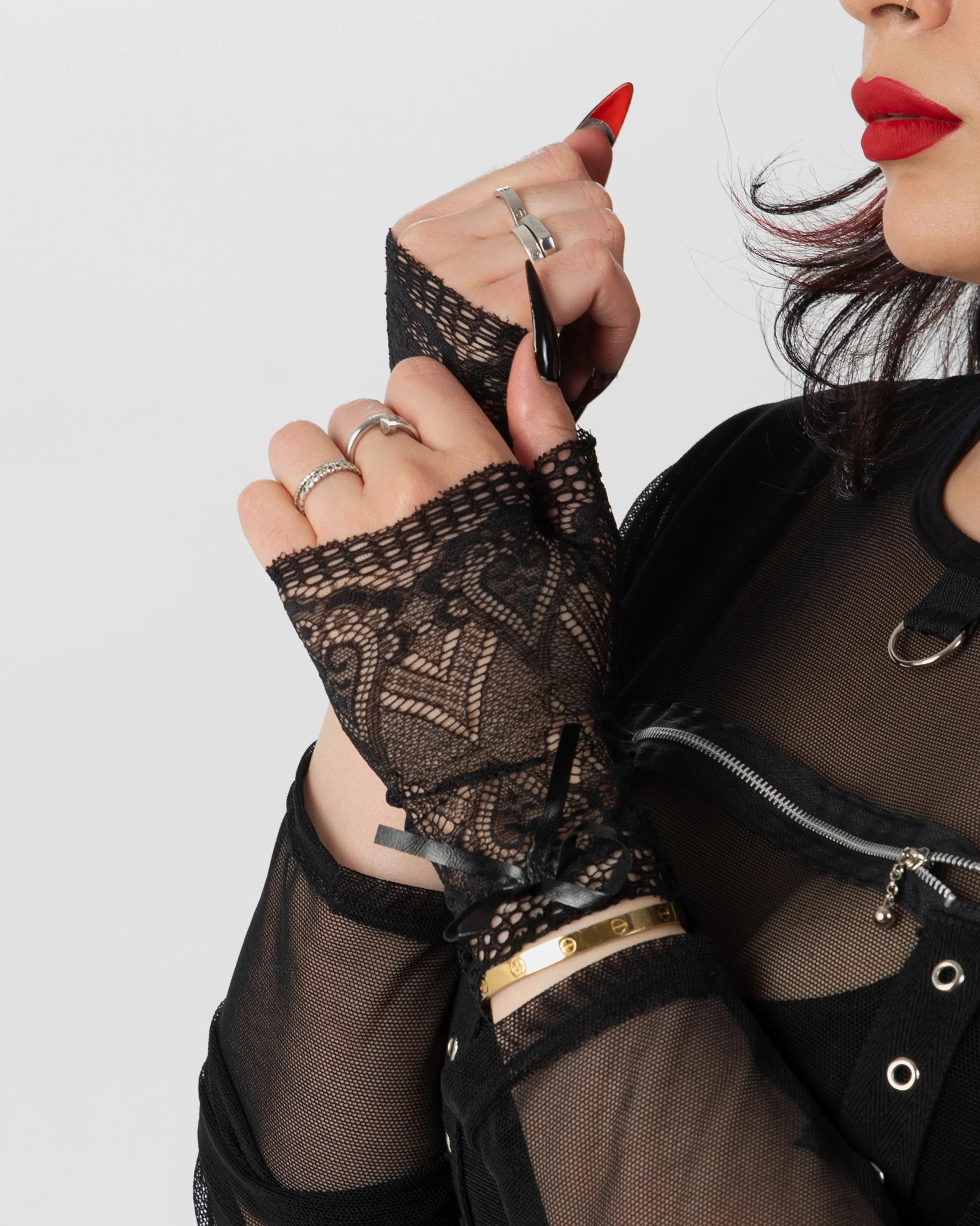 Fingerless Lace Black Gloves with a Bow