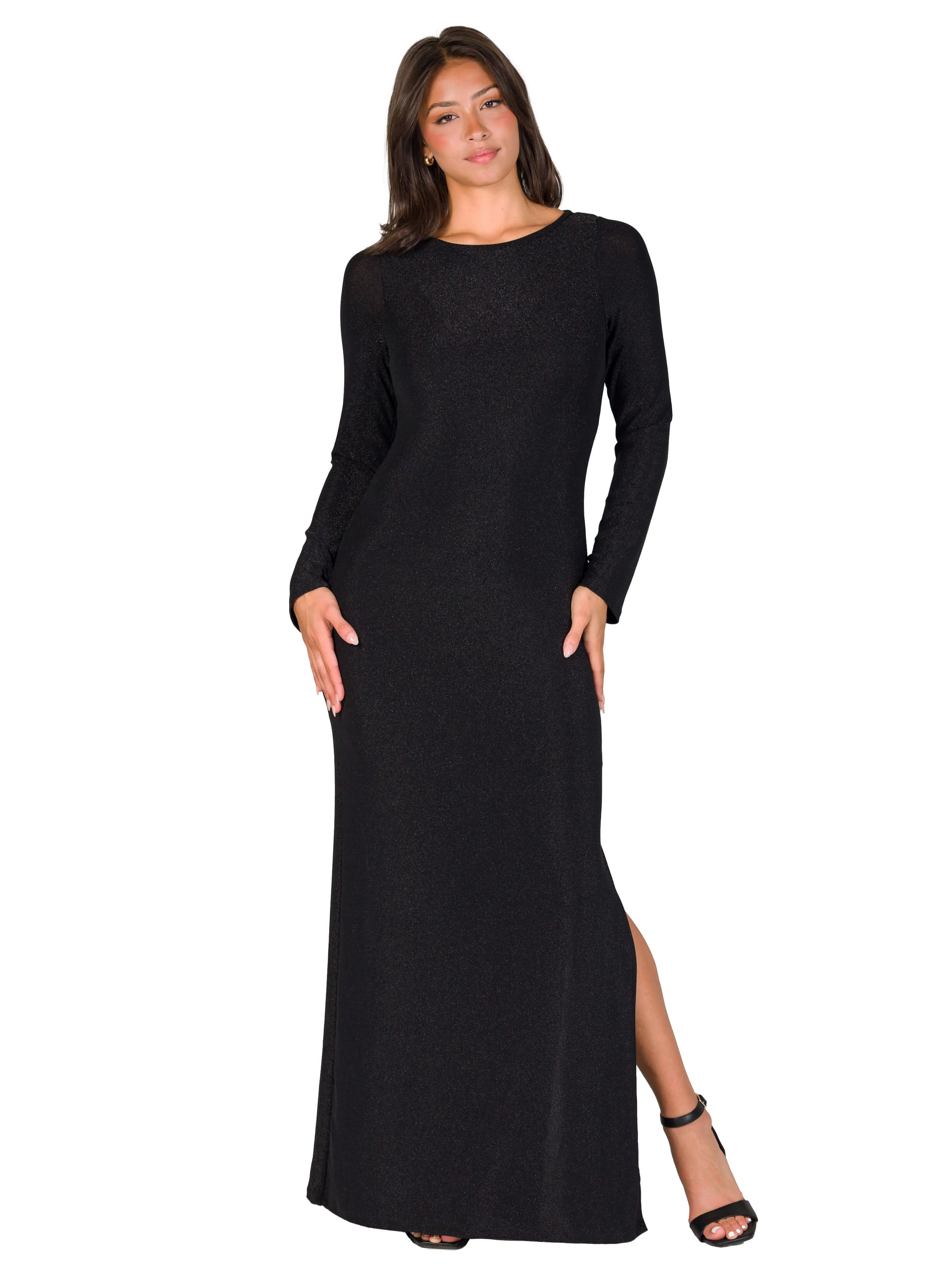 Fitted Long Sleeve Shimmery Fabric Side Slit Maxi Dress