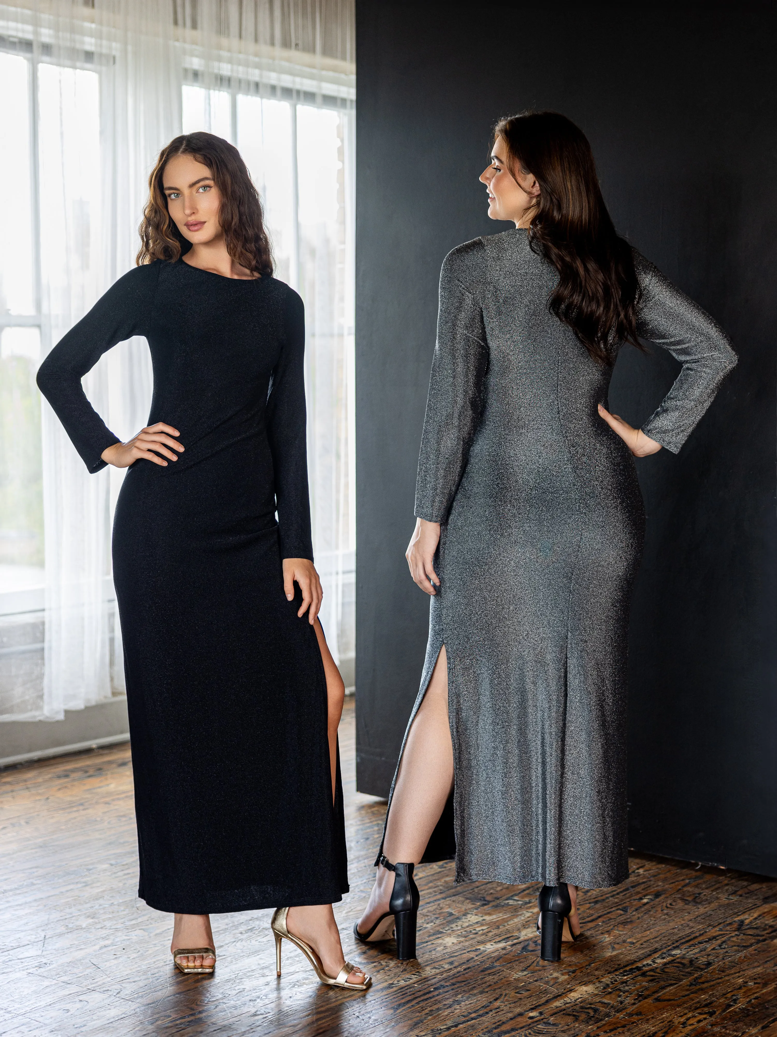 Fitted Long Sleeve Shimmery Fabric Side Slit Maxi Dress