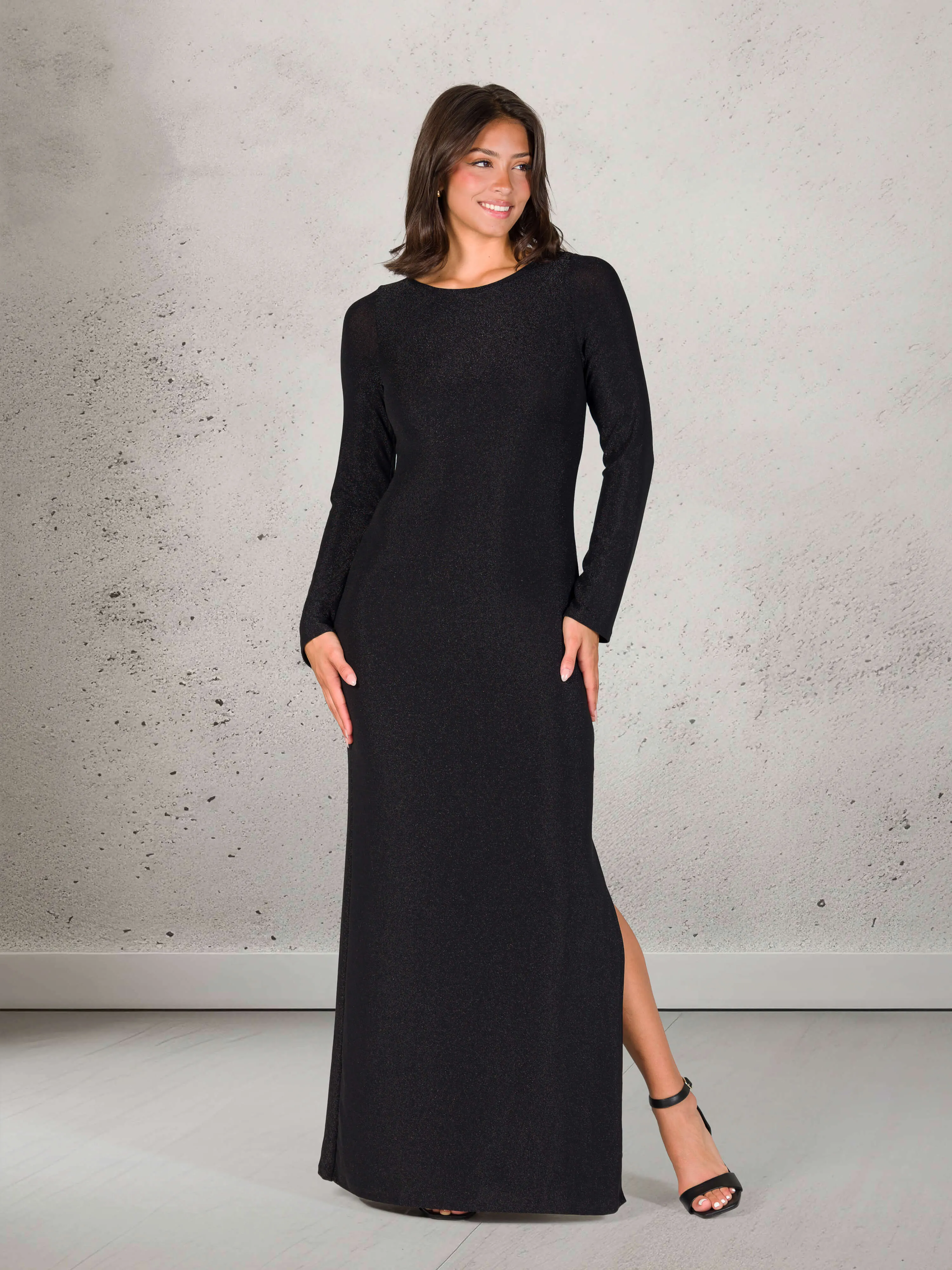 Fitted Long Sleeve Shimmery Fabric Side Slit Maxi Dress