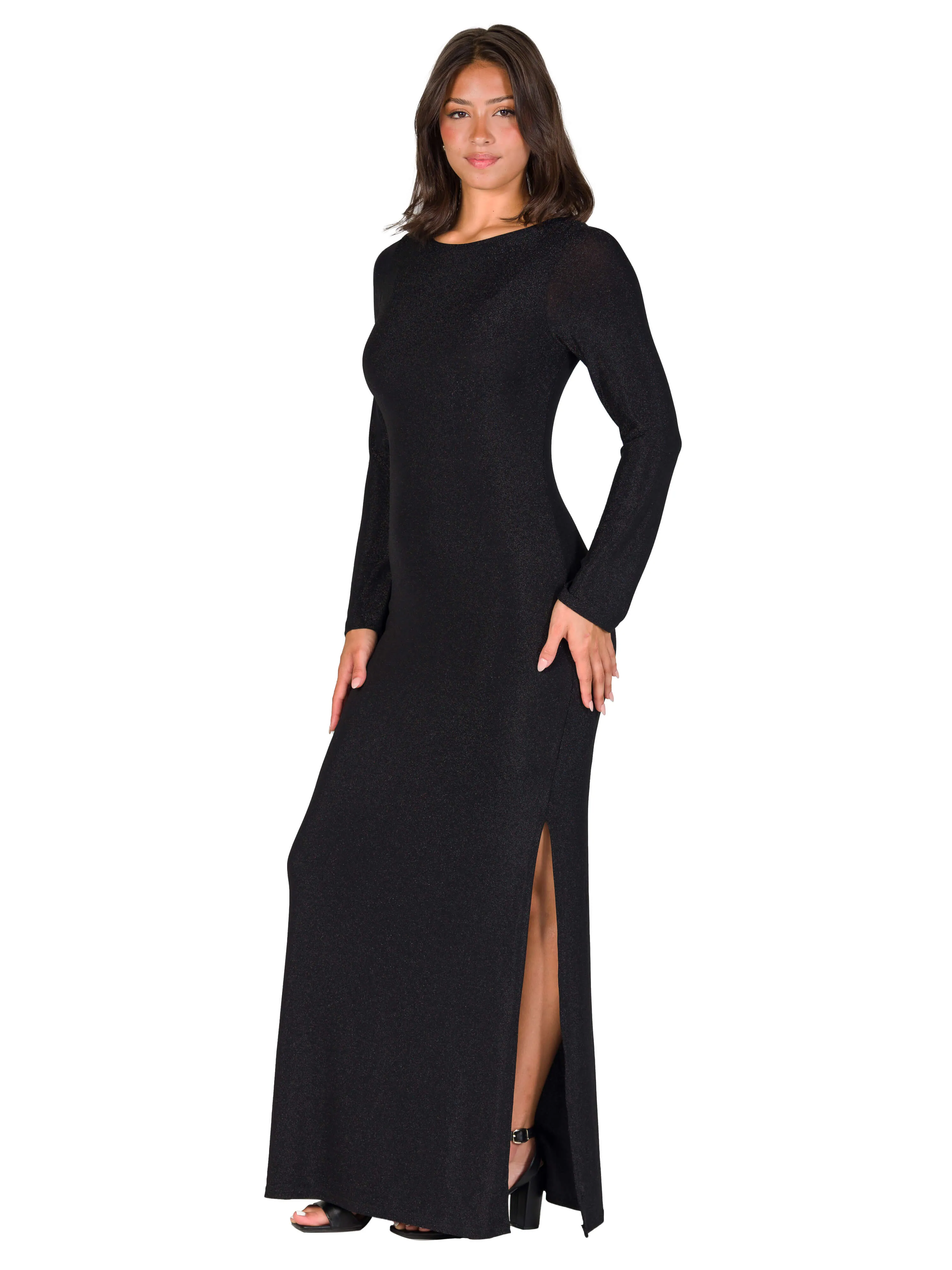 Fitted Long Sleeve Shimmery Fabric Side Slit Maxi Dress