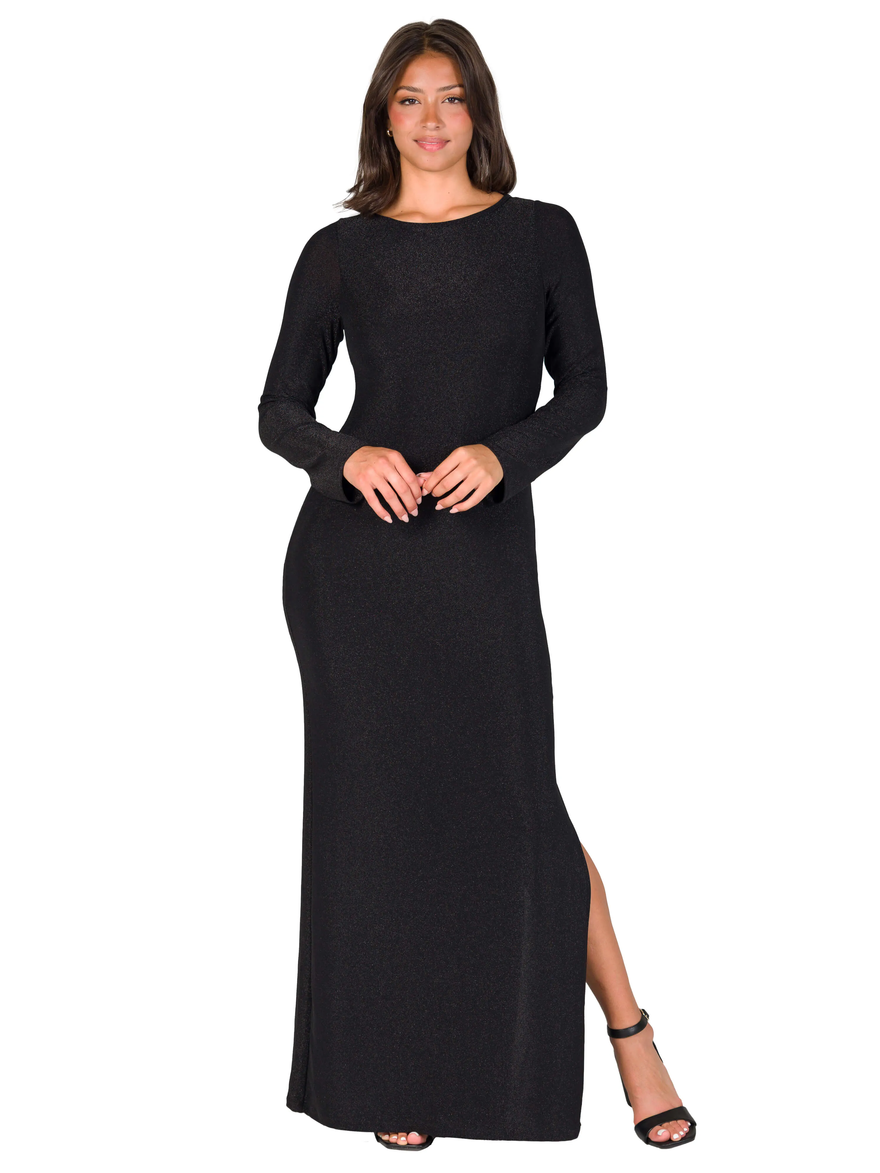 Fitted Long Sleeve Shimmery Fabric Side Slit Maxi Dress