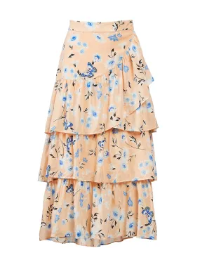 Floral Tiered Flounce Maxi Skirt in Pastel Peach