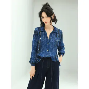 Galactic Shimmer Navy Pleated Long Sleeve Shirt