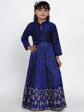 Girls Blue Printed Ethnic Maxi Dress