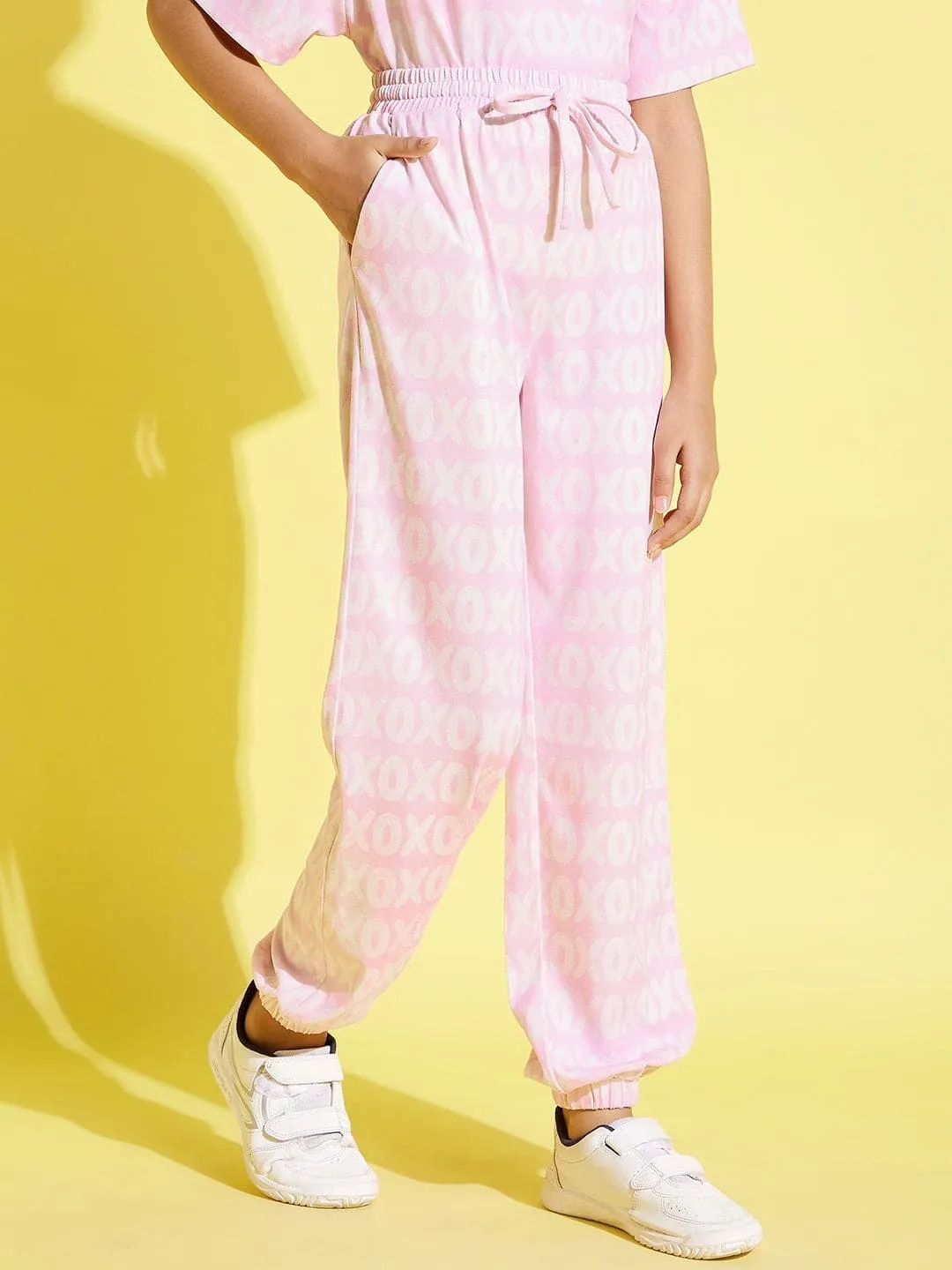 Girls Pink Xoxo Print Knit Joggers - Lyush Kids