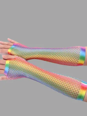 Girls Rainbow Mesh Elbow Fishnet Gloves