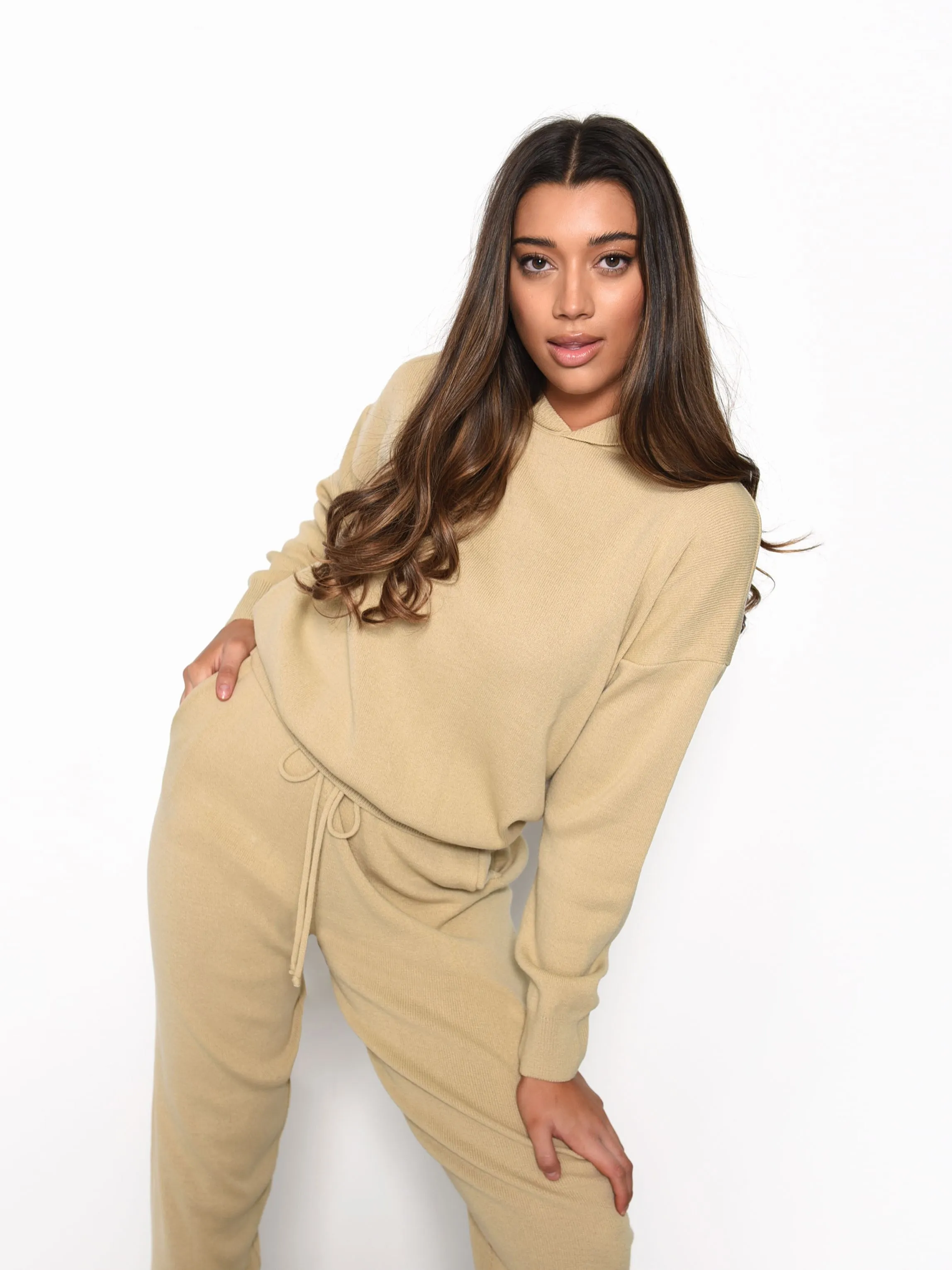 Glamorous Oatmeal Knitted Long Sleeve Hooded Jumper