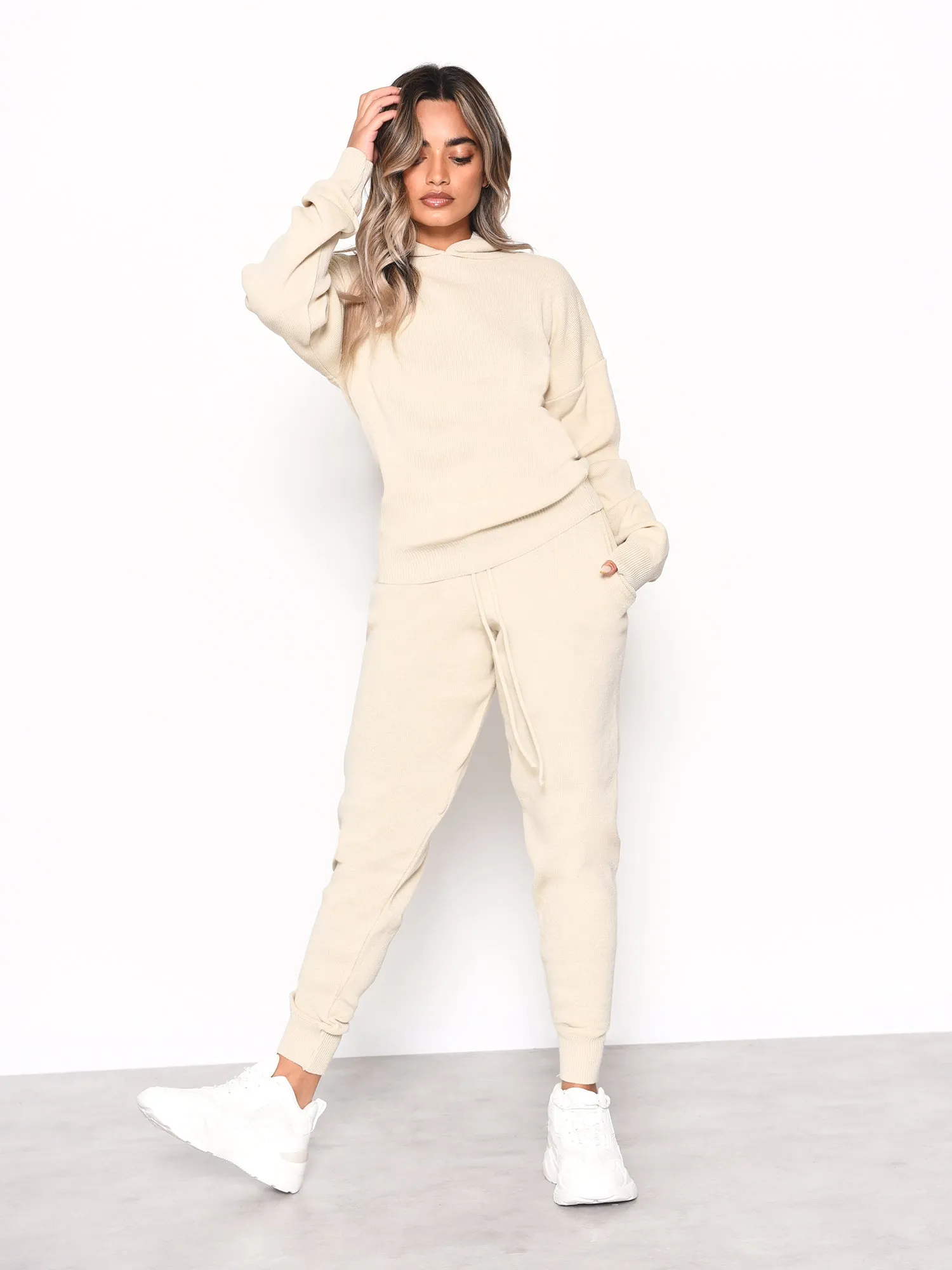 Glamorous Oatmeal Knitted Long Sleeve Hooded Jumper