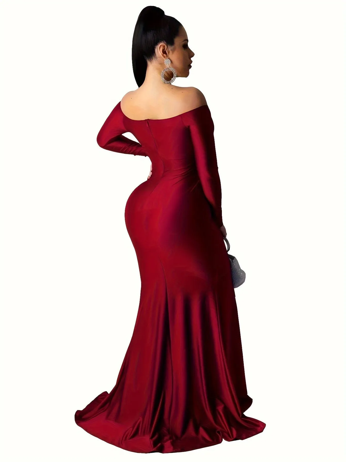 Glamorous Off Shoulder Split Thigh Dress - Floor Length, Long Sleeve Party Gown - Womens Evening Wear for Special Occasions