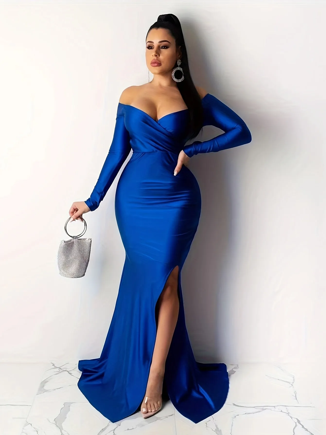 Glamorous Off Shoulder Split Thigh Dress - Floor Length, Long Sleeve Party Gown - Womens Evening Wear for Special Occasions