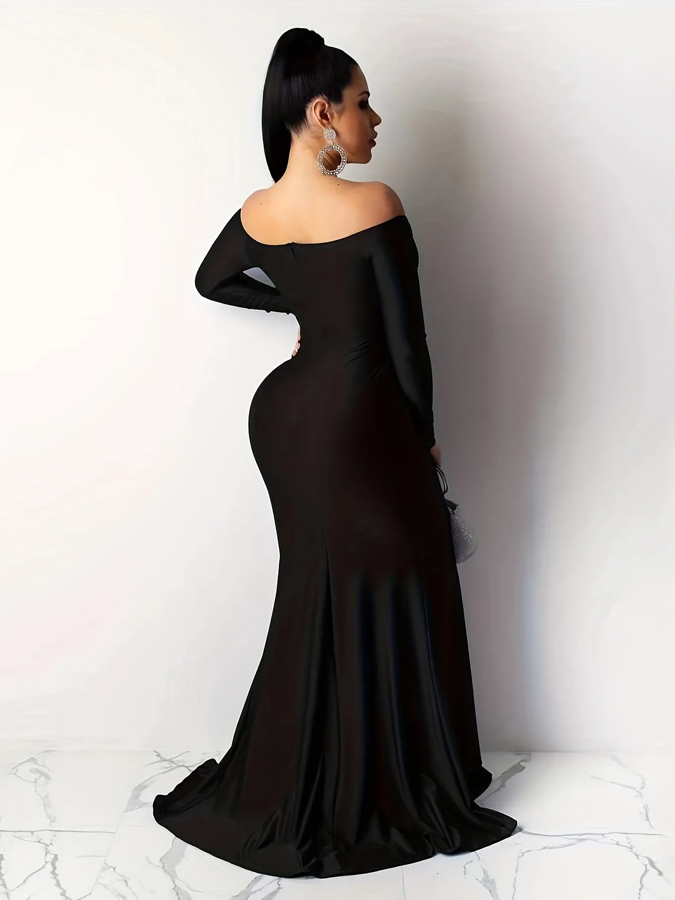 Glamorous Off Shoulder Split Thigh Dress - Floor Length, Long Sleeve Party Gown - Womens Evening Wear for Special Occasions