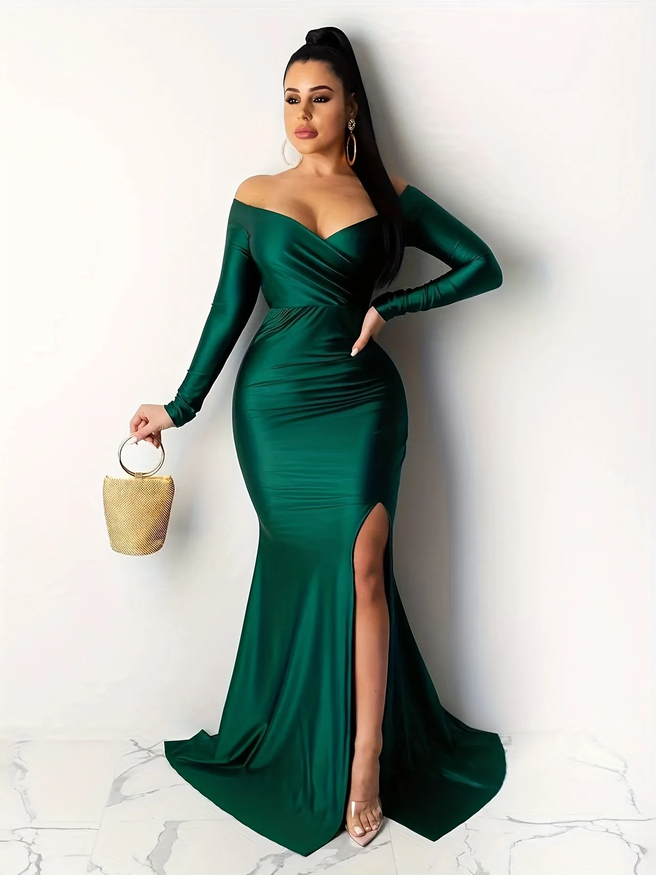 Glamorous Off Shoulder Split Thigh Dress - Floor Length, Long Sleeve Party Gown - Womens Evening Wear for Special Occasions