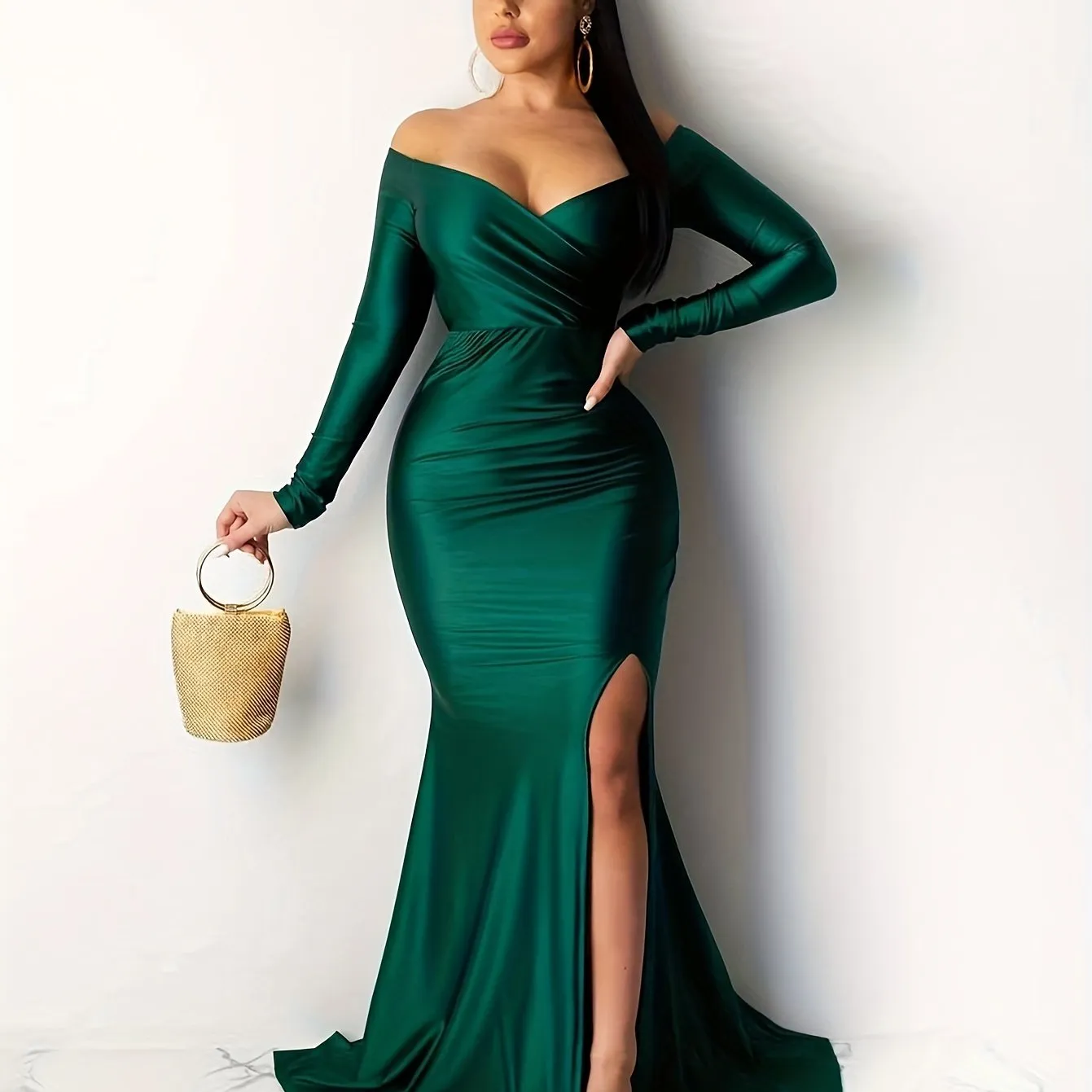 Glamorous Off Shoulder Split Thigh Dress - Floor Length, Long Sleeve Party Gown - Womens Evening Wear for Special Occasions