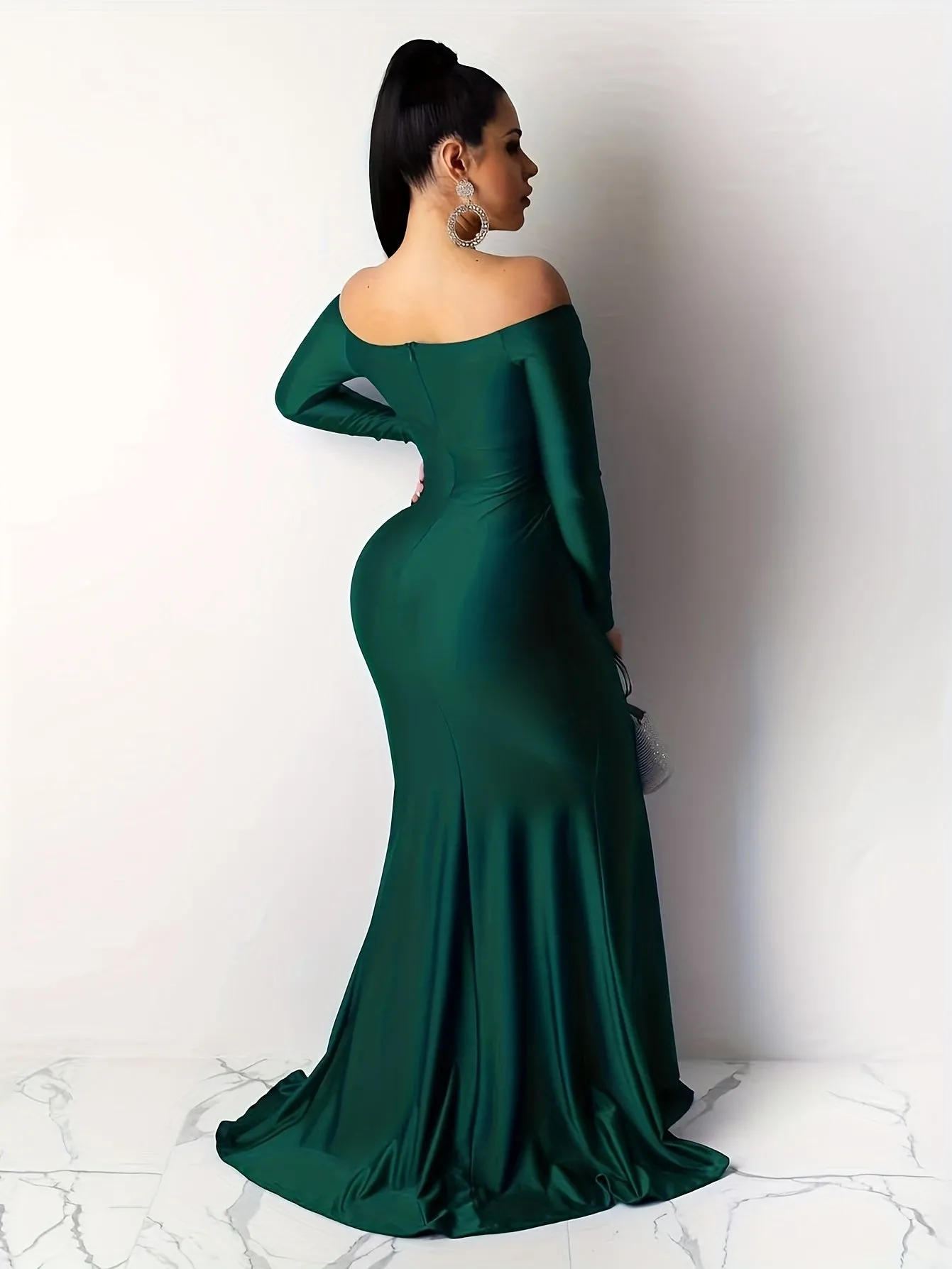 Glamorous Off Shoulder Split Thigh Dress - Floor Length, Long Sleeve Party Gown - Womens Evening Wear for Special Occasions