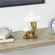 Gold Ceramic Mushroom Sculpture with White Tops and Textured Grooves - 7" X 6" X 10"