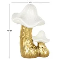 Gold Ceramic Mushroom Sculpture with White Tops and Textured Grooves - 7" X 6" X 10"