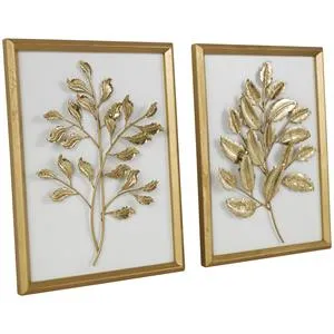 Gold Wood Laef 3D Wall Decor with Beveled Frame Set of 2 13"W x 17"H